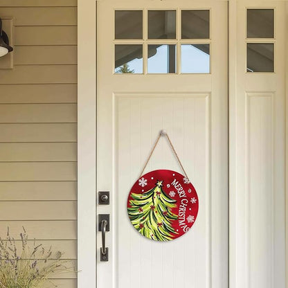 Merry Christmas Door Sign,Christmas Tree Decorations Wooden Holiday Hanging Sign for Front Door,Winter Red Christma Decorations for Home Garden Christm New Year 12"x12"
