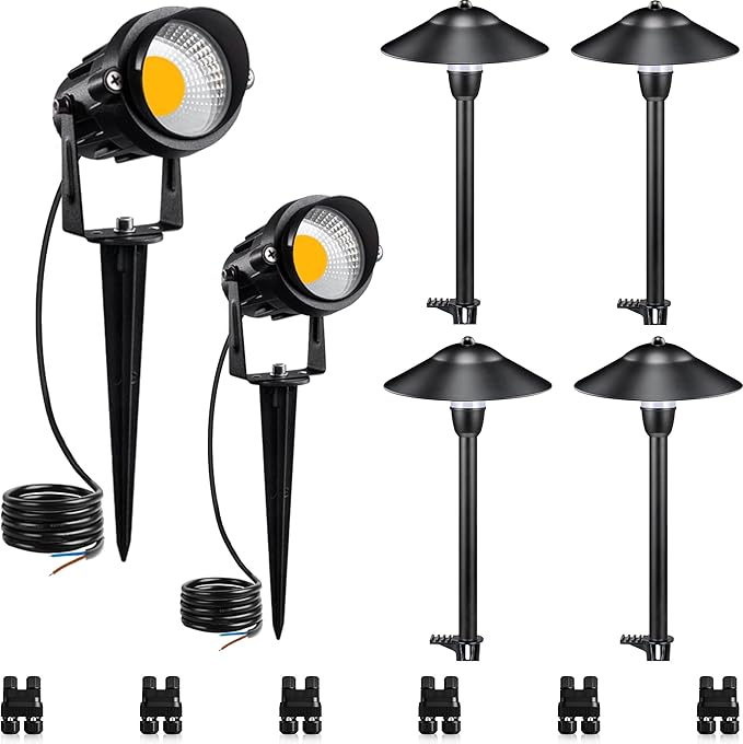 SUNVIE LED Low Voltage Landscape Lighting 12-24V Landscape Lighting Kit with Connectors Aluminum Pathway Lights Wired with Spotlights 3000K Outdoor Pathway Lights Low Voltage for Yard Garden, 6 Pack