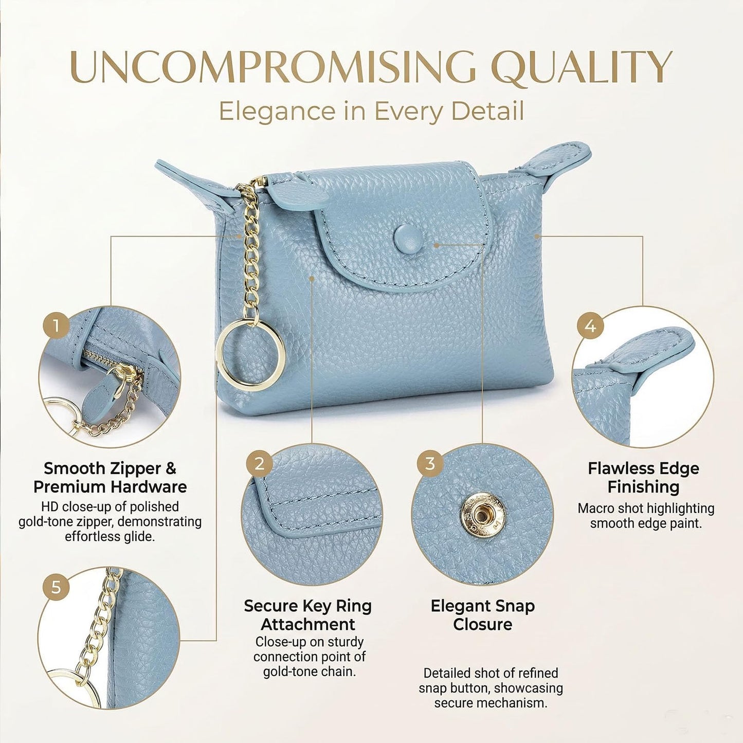 BDHRKTE Women's Genuine Leather Mini Coin Purse and Wrist Bag - Coin Organizer, Change Holder, Card Case, Zipper Storage Bag in Water Blue