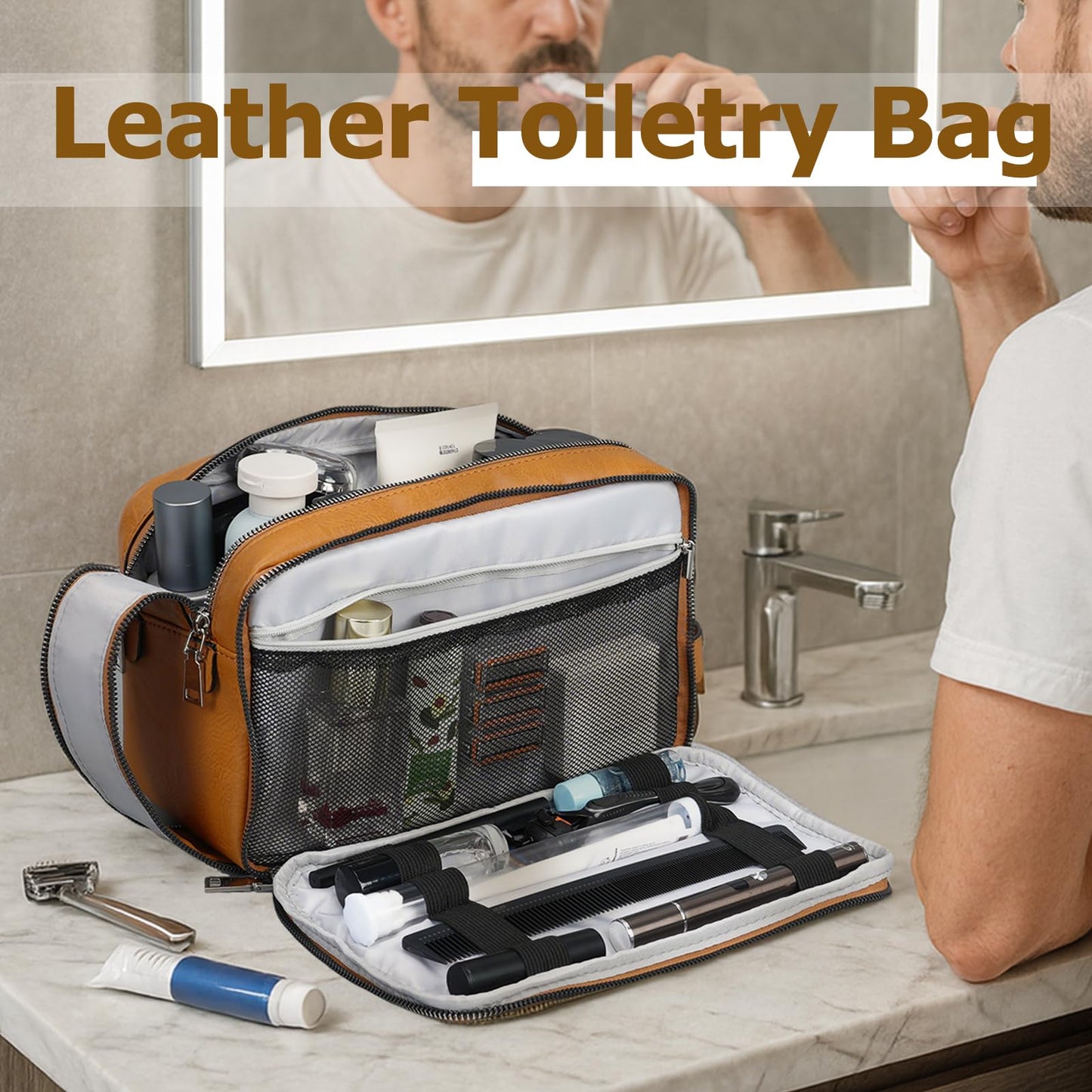 MIRASON Travel Toiletry Bag for Men Thickened Leather Travel Bag for Toiletries, Dopp Kit Water-resistant Shower Bag for Shaving Gym Bathroom Organizer Gifts for Men, Brown