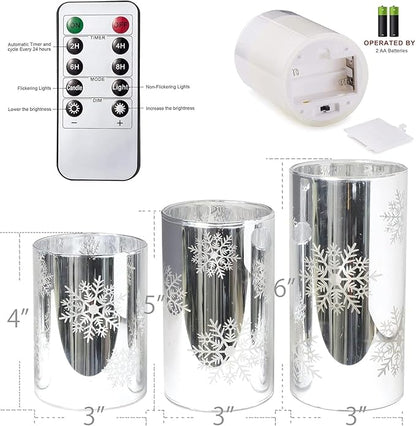 Snowflake LED Flameless Candles with Remote and Timer, Electroplate Glass Candles Operated by Battery, Christmas LED Flickering Candles Decoration for Bedroom, Party, Wedding