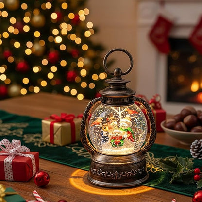 Christmas Snow Globe Lantern Water Glittering Snowman with Music, USB Lined/Battery Operated Lighted Lantern for Christmas Festival Decoration Gifts
