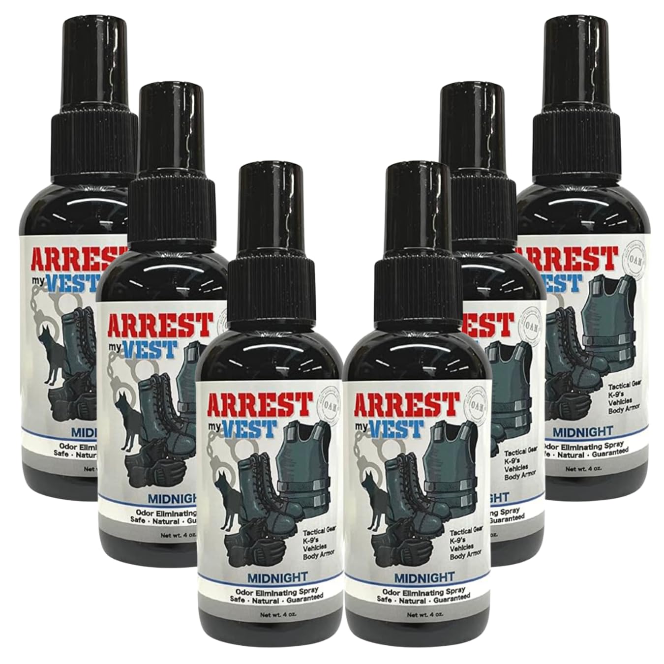 Arrest My Vest Military Grade Odor Eliminating Spray for Body Armor, Tactical Gear, and K9 Equipment. Safe on All Ballistic Vests, Fabrics, & Police Gear - 6 Pack of Midnight 4 oz Bottles