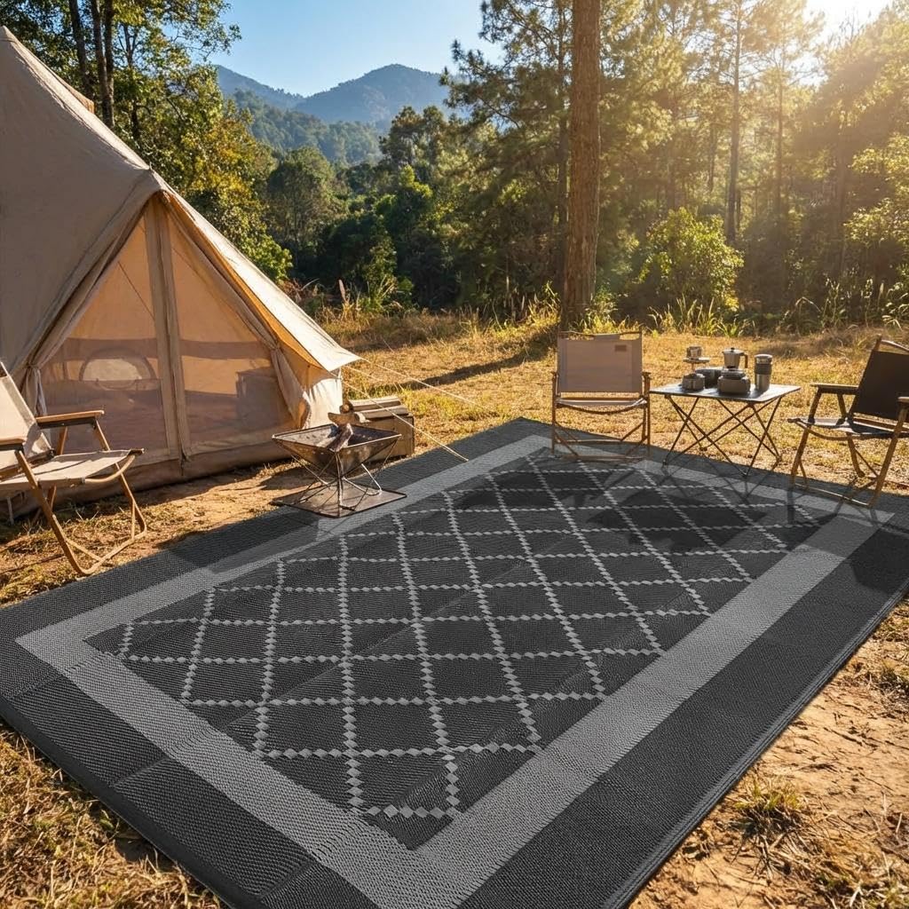 LUXLOOM 8x10 Outdoor Rug Waterproof Portable Plastic Straw Reversible Rugs with Carry Bag & Stakes, UV-Resistant Lightweight Outdoor Carpet Foldable Camping Mat for Patio RV Backyard Picnic Black Grey
