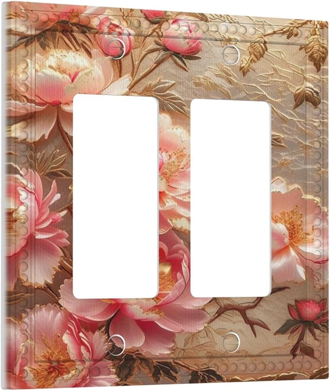 Pink Blooming Flowers Peonies Floral Dual Outlet Covers Wall Plate 2 Gang Rocker Decora Decorative Switch plate Electrical Faceplate GFCI Light Switch Covers for Farmhouse Living Decor