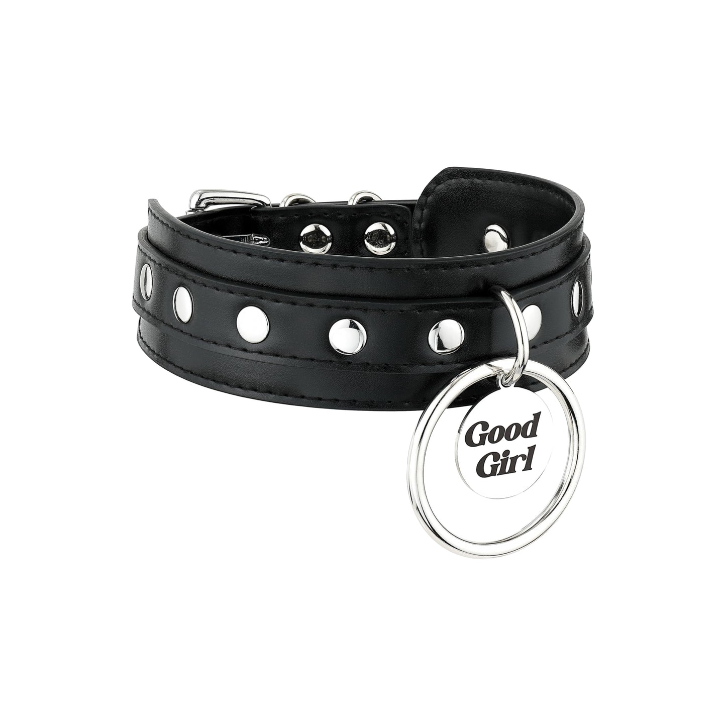 ADEMISHIA Black O-ring Leather Choker Collar for Women, Gothic Punk Style Adjustable Choker Necklace with Rivets and Engraved Letters Steel Tag