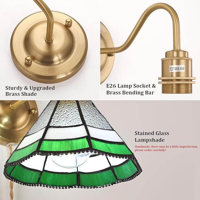 Vintage Wall Sconce, Wall Lamps with Green Multilayer Petal Sconce, Stained Glass Shade Brass Wall Lights Fixture with Plug in Cord and Switch for Bedroom Bathroom Living Room Hallway