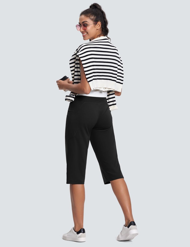 ISEEGZ 18" Capri Pants for Women High Waist with Pockets Women's Capris Workout Yoga Pants Loose Straight Leg Black