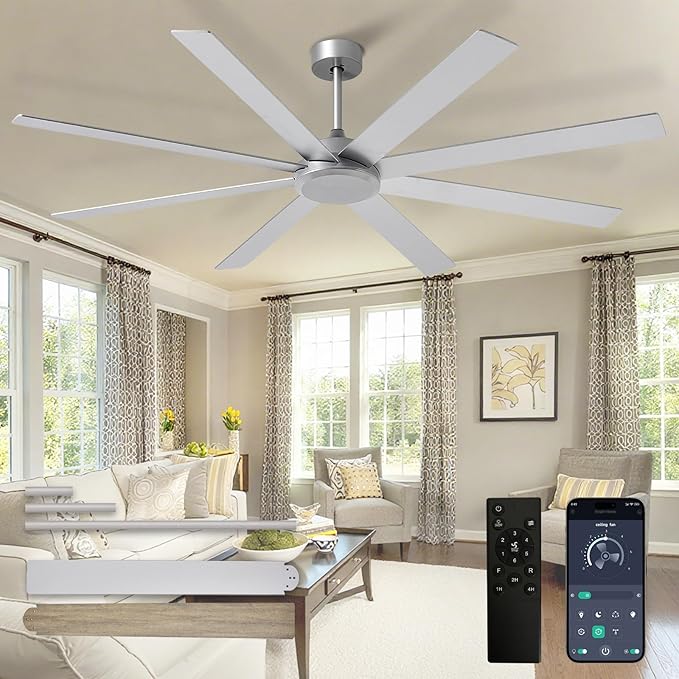 Depuley Large Ceiling Fan without Light: 72 Inch Indoor/Outdoor Fan Reversible DC Motor 6 Speed - Dual 8 Blades Big Ceiling Fans with No Light for Living Room Covered Patio, Silver