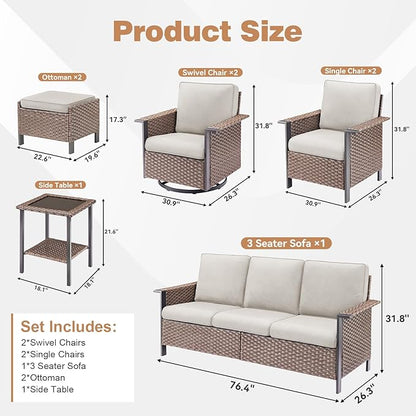 Outdoor Patio Furniture Set Swivel Chairs-8 Pieces All-Weather Wicker 3 Seater Sofa with 2 Ottomans Rattan Side Table, Wicker Sofa Outdoor Furniture for Porch Deck Backyard Brown/Beige