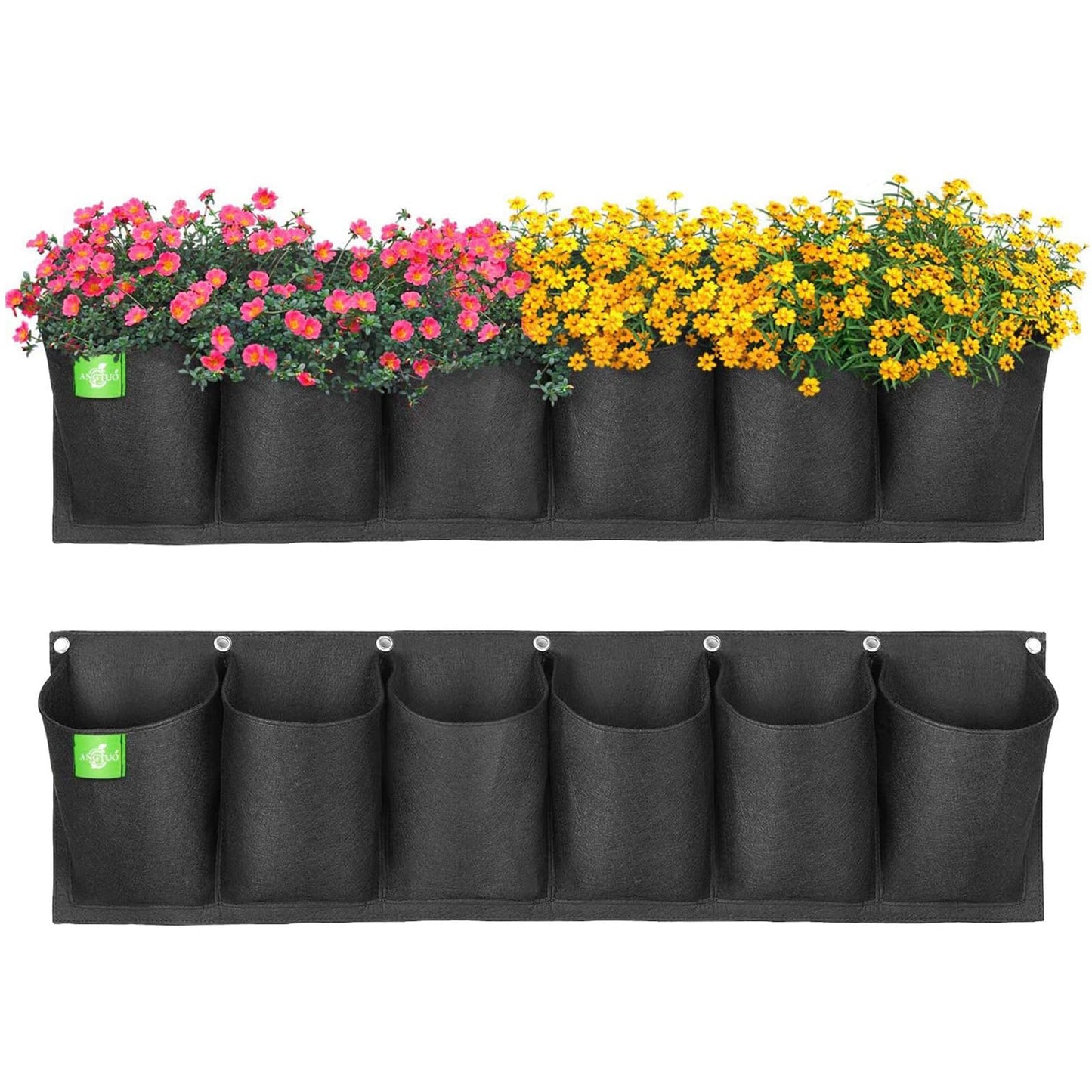 ANGTUO 6 Pockets Hanging Planters for Outdoor Plants, One Pack Wall Planter Vertical Garden, Hanging Plant Holder for Railing, Balcony, Fence