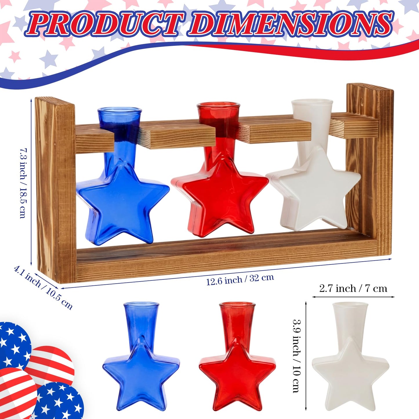 Remerry 4th of July Patriotic Star Plant Terrarium with Wooden Stand Red White Blue Glass Vase Gifts Independence Day Tabletop Centerpieces Propagation Station for Hydroponics Home Office Desk Decor