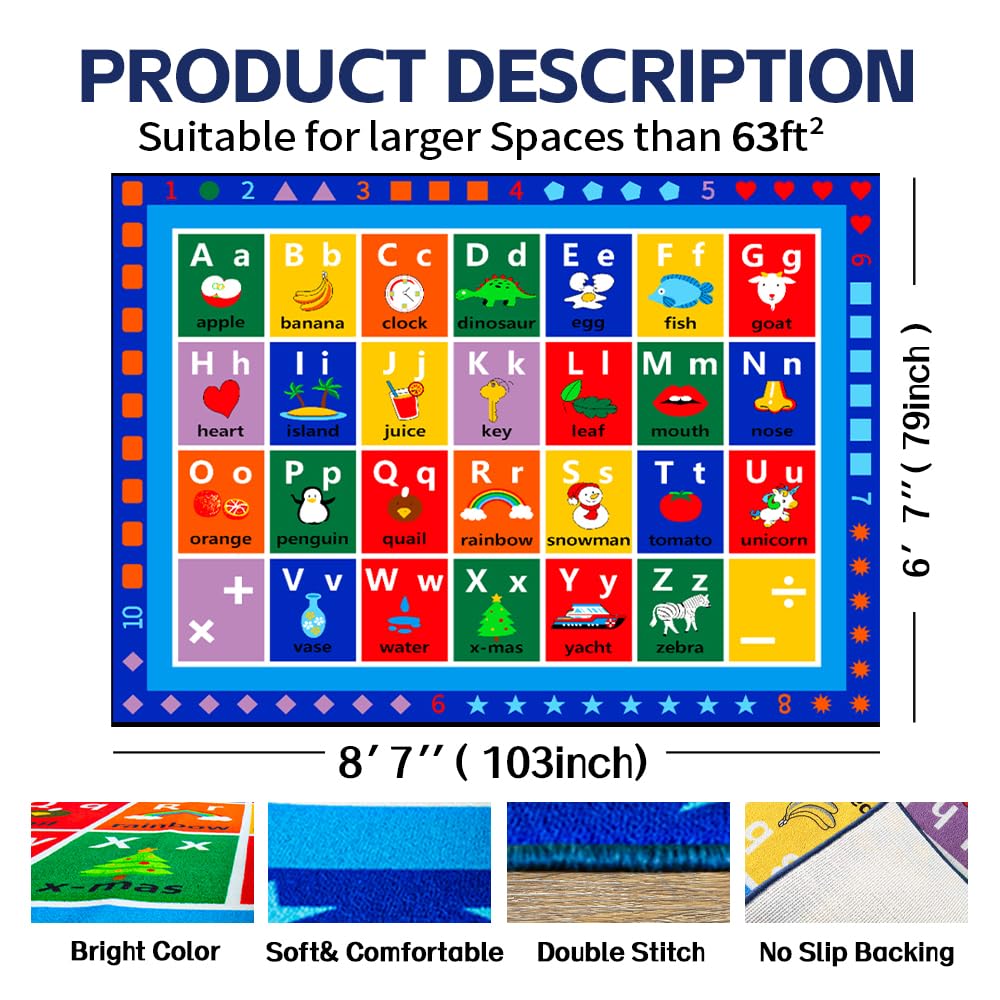 AlaTyche ABC Classroom Rug, Large Classroom Rugs Elementary, Preschool&Daycare Rugs for Classroom,Learning Alphabet Educational Rugs for Kids Playroom, Nursery(8'7''x6'7'', Blue)