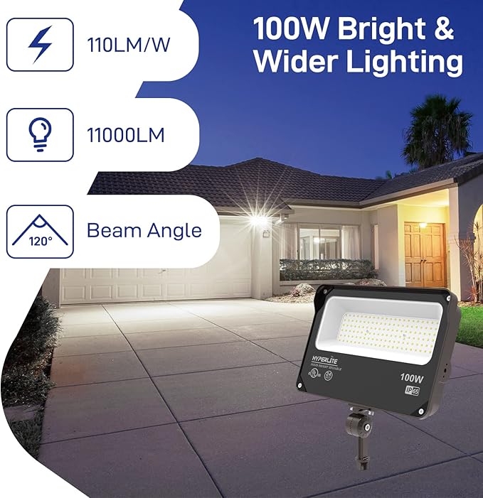 HYPERLITE LED Flood Light 100W 11000LM, 5000K Flood Lights Outdoor with Knuckle Mount, IP65 Waterproof Flood Lights for Yard,Garden,Playground UL Certified
