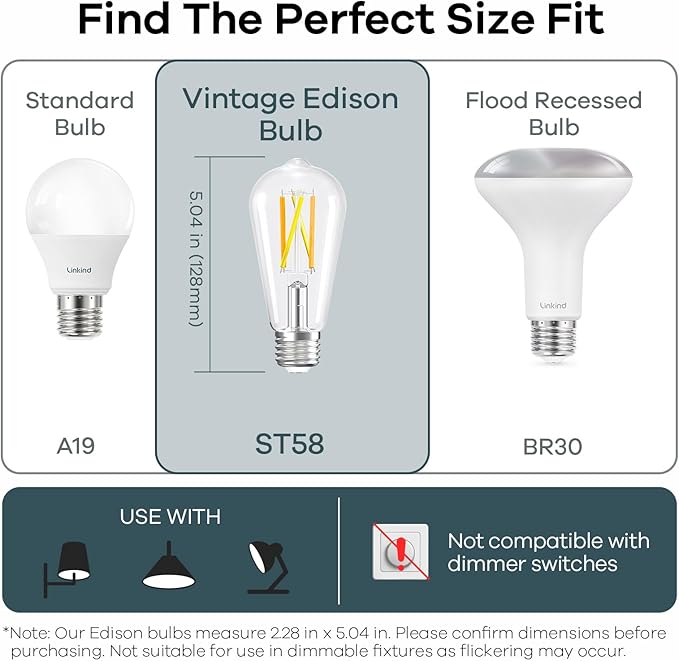 Linkind Smart Edison Bulbs, 2700K-6500K Tunable WiFi Edison Bulbs with Remote Control, 8W 60W Equivalent Dimmable ST19(ST58) Vintage Light Bulbs 800lm, Compatible with Alexa & Google Home, 2-Pack