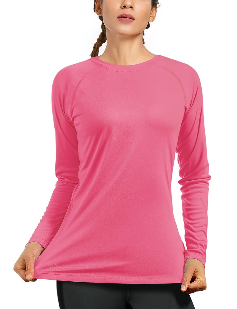isnowood Swim Shirts for Women, UPF 50+ UV Sun Protection Long Sleeve Shirt, Lightweight Quick Dry Workout Hiking Running Rash Guard Top Bright Pink