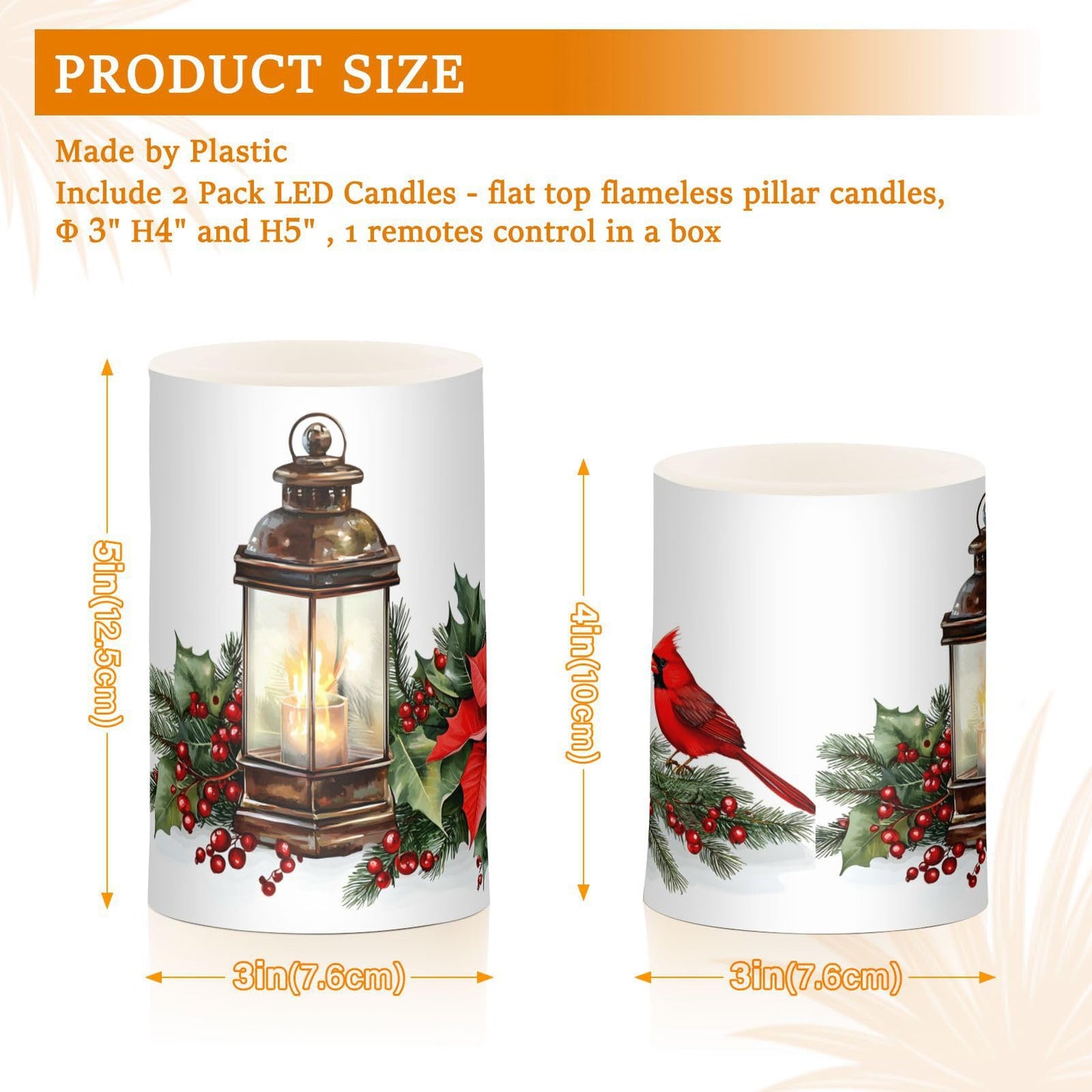 ALAZA Christmas Lantern Red Bird Poinsettia Flowers Flickering Flameless Candles Battery Operated with Remote Timer,Tea Light Candles LED Pillar Votive Candles Set of 2 for Outdoor Indoor Decorations