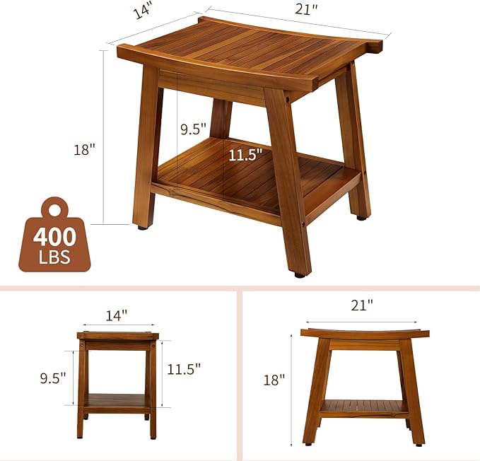 TEAKMAMA 21 Inch Teak Shower Bench with Storage Shelf and Handles, Teak Wood Shower Stool Waterproof Bath Chair for Indoor and Outdoor Use, Bathroom Stools for Adults Sitting