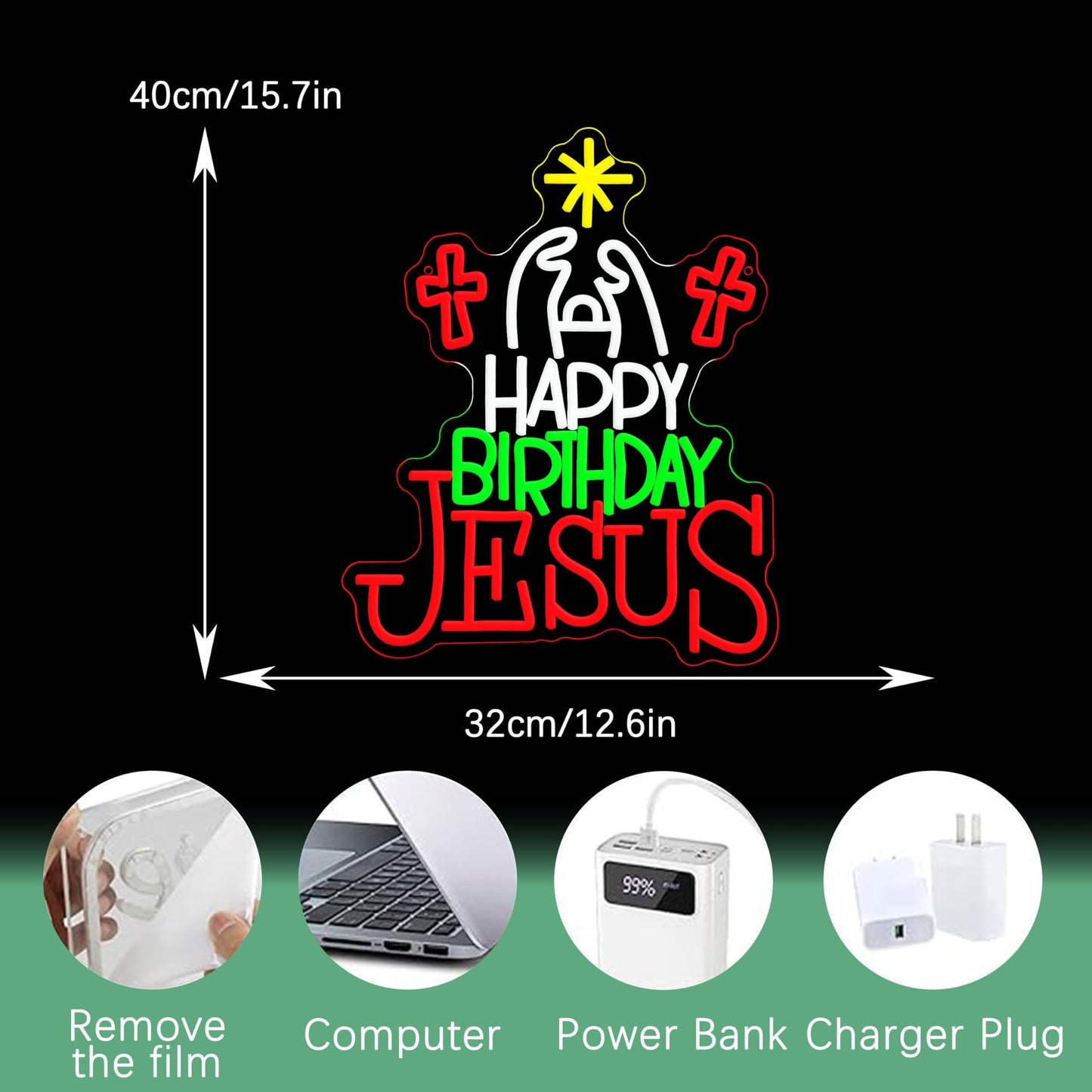 JLEWUINH Happy Birthday Jesus Neon Sign for Christmas Decor Cross Neon Light Sign Dimmable USB Led Christian Religious Neon Wall Decor for Church Home Nativity Scene Faith-Based Holiday Gift