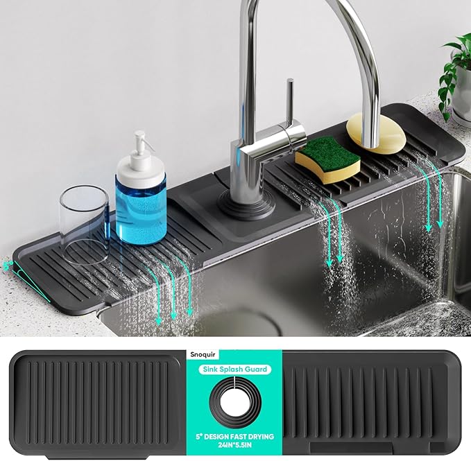 24 Inch Longer Faucet Mat for Kitchen Sink, 5° Slope Fast Self-draining