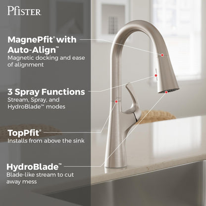 Pfister Talega Kitchen Sink Faucet with Pull Down Sprayer Single Handle High Arc Spout Spot Defense Stainless Steel NSF Certified 1 or 3 Hole Installation F5297TEGS