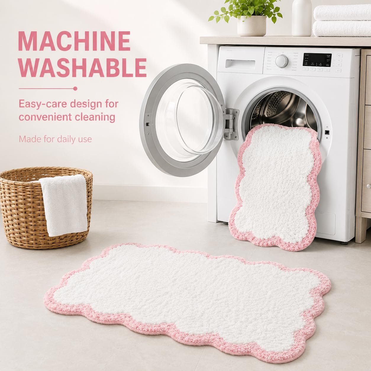 Inshere Scalloped Pink Bath Rug, Cute Bathroom Rug, Soft Absorbent Quick Dry Bath Mat, TPR Non Slip Backing, Microfiber Mat for Shower Tub Sink Vanity 20" x 31.5"