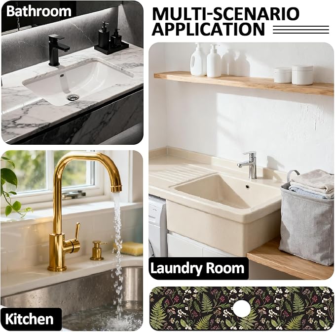 2 Pcs Kitchen Sink Splash Guard Faucet Mats Vintage Fern and Berries Pattern