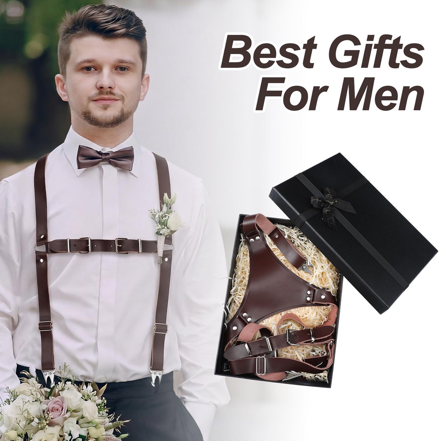 Cuffbow Men's Leather Suspender Adjustable Y Back Leather Suspender with Adjustable Size Straps for Men Father's Day Wedding Steampunk Harness