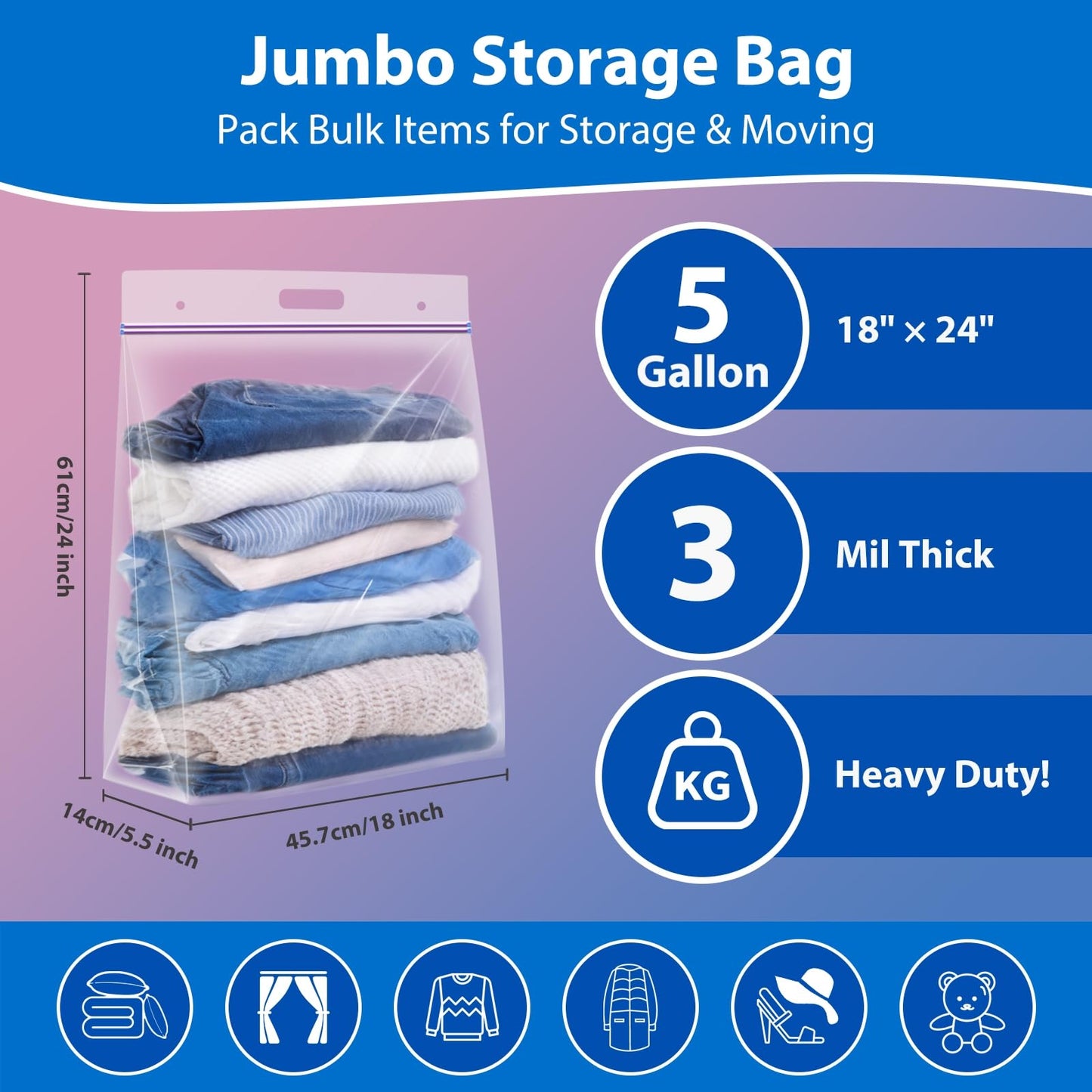Xsourcer 5 Gallon Zipper Bags with Handle and Bottom, Pack of 12, Heavy Duty Clear Handy Plastic Storage Bag, 18"x24" Reusable Large Zip Storage Bag for Sports, Travel, Moving and Clothes, 3-Mil Thick