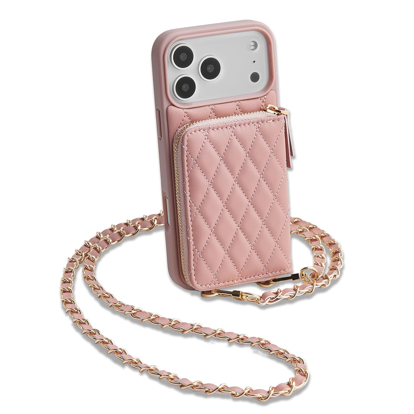 LAMEEKU for iPhone 17 Pro Max Crossbody Case Wallet, Leather Zipper Cover with Card Holder Wrist Strap for Women 6.9'' Pink