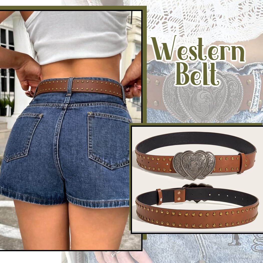 Tgirls Western Leather Belts for Women Men Heart Buckle Vintage Belt for Jeans Dress Cowgirl Cowboy Waist Belts (Brown)