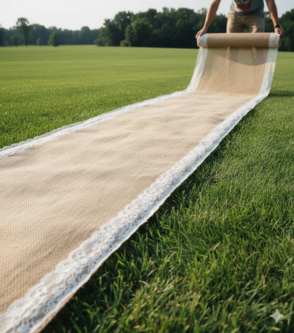 AAYU Premium Burlap Outdoor Wedding Aisle Runner with 5" Wide Ivory Lace Attached Edges, 40 Inch Wide 100 feet Long (40 Inch X 100 Feet)