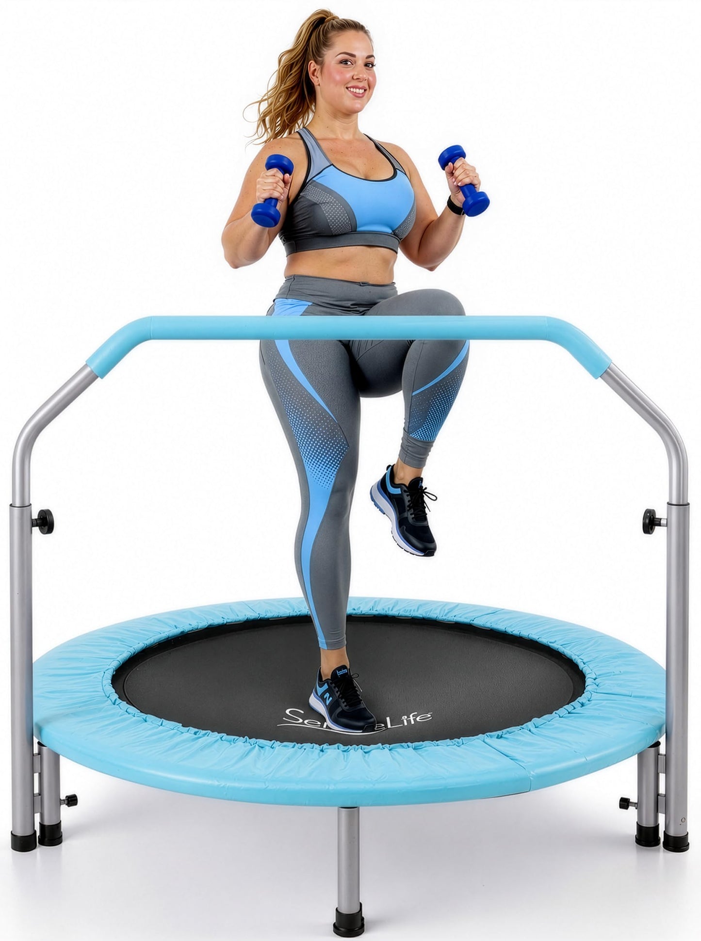 SereneLife 40" Foldable Mini Trampoline - Compact Fitness Trampoline for Kids Adults, Exercise Rebounder with Adjustable Foam Handle, Indoor/Garden Workout Equipment, Max Load 200 lbs, Sky Blue