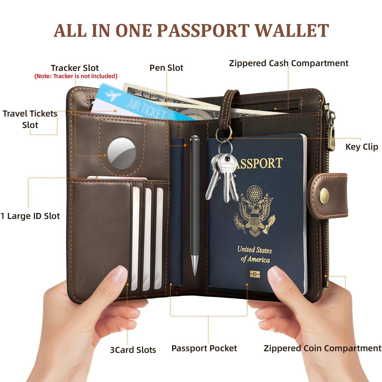 Genuine Crazy Horse Leather Passport Wallet, RFID Blocking Passport Holder with Tracker Slot, All in One Travel Wallet for Women/Men, Secure Passport Cover Case for Airport Essentials (Dark Brown)