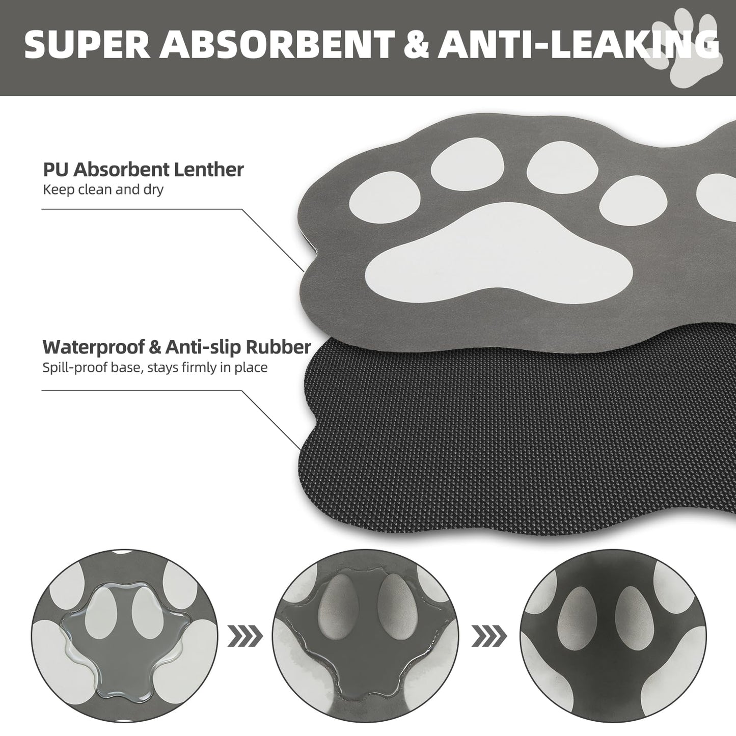 PUPTECK Dog Food Mat, Quick Absorbent Pet Cat Feeding Mat, Anti-Slip Dog Placemat for Food and Water Bowls with Rubber Backing, No Stains Floors Waterproof Indoor, Grayish Black & White 16"x24"