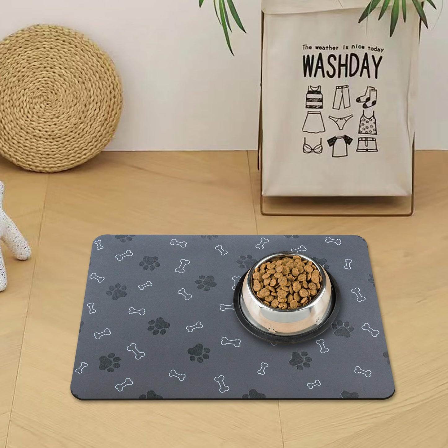 Pet Cat Dog Food Mat Non Slip Mat for Dog Water Bowl Mat Quick Dry Absorbent Cat Feeding Mat, 18.1 * 11.8 in, Dark Grey