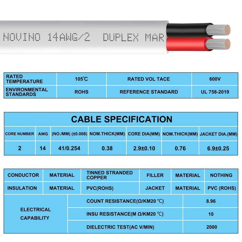 14 Gauge Marine Wire 14/2 Duplex Marine Grade Wire,14 AWG 15ft Tinned Copper Boat Cable Electrical Cable for Boat/Automotive/RV/Solar Outdoor