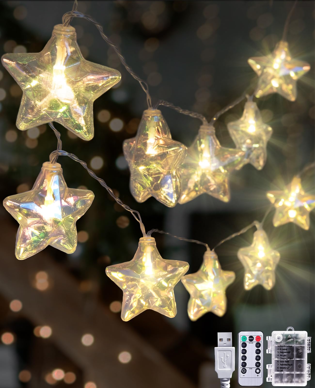AceList Star LED String Lights – USB/Battery - Powered 20 LED Twinkling Fairy Lights with Remote, 8 Modes, Waterproof Design for Indoor/Outdoor, Christmas, Wedding, Bedroom Ambiance