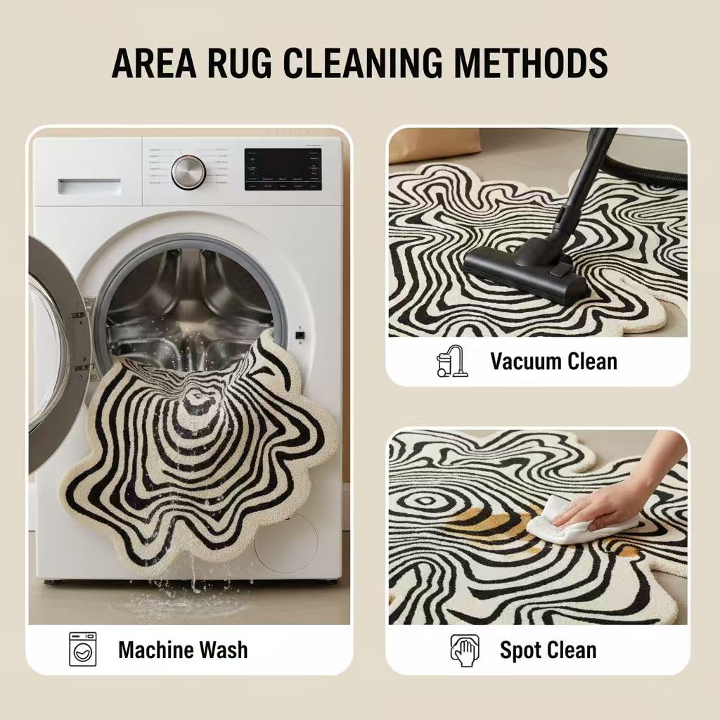 Irregular Shaped Black Beige Large Square Rug 5x5 Illusion Abstract Striped Pattern Washable Easy Clean Deco Rugs Living Room Diningroom Bedroom Playroom Guestroom Home Office Modern Carpet