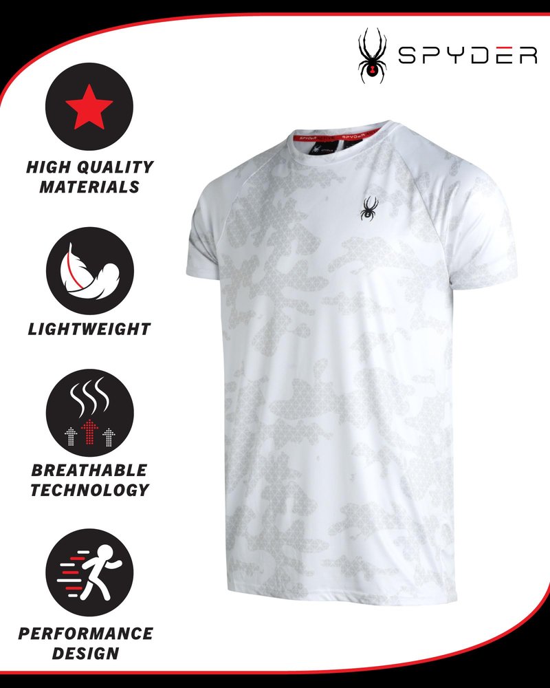 Spyder Mens Active Shirt - Crewneck Dry Fit Mens Workout Shirts Short Sleeve Camo Fitted Athletic Gym Shirts for Men, Size Medium, Elevated White