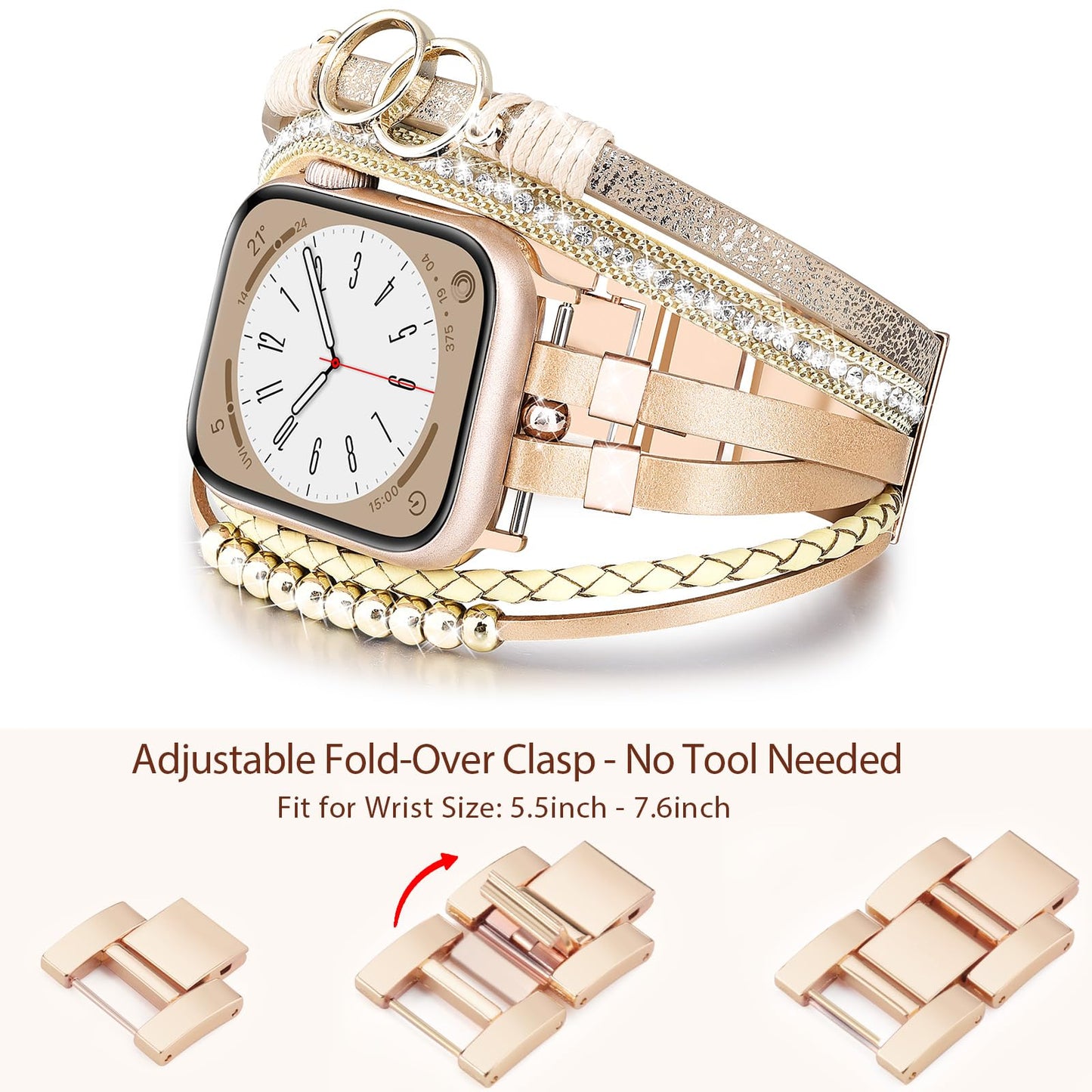 MOFREE Boho Leather Bracelet Compatible with Apple Watch Band 38mm 40mm 41mm Women, Handmade Multilayer Wrap Beaded Jewelry Apple Watch Strap for iWatch Series 10 9 8 7 6 5 4 3 2 1 Rose Gold