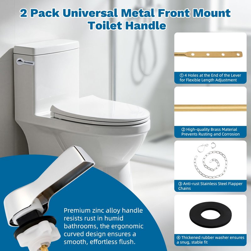 Hibbent 2 Pack Universal Metal Side Mount Toilet Handle with Stainless Steel Flapper Chains, Brass Toilet Flush Lever Replacement Kit with 4 Adjustable Holes for Most Side-Mount Toilets, Chrome Finish