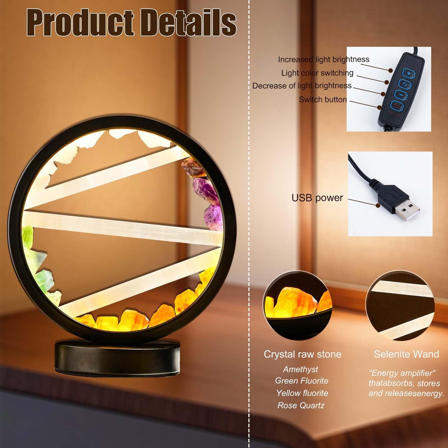 Runyangshi Crystal Table Lamp Night Light Natural Selenite & Colour Crystal Raw Stone Bedside Lamp with 3 Adjustable Light Colours Suitable for Home Decoration, Bedroom Office Desk Lighting