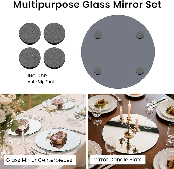 Round Mirror Centerpieces, Set of 12 Pcs 8" Round Glass Mirror Centerpieces for Tables, Glass Trays for Wedding Decorations, Parties, Baby Shower Party