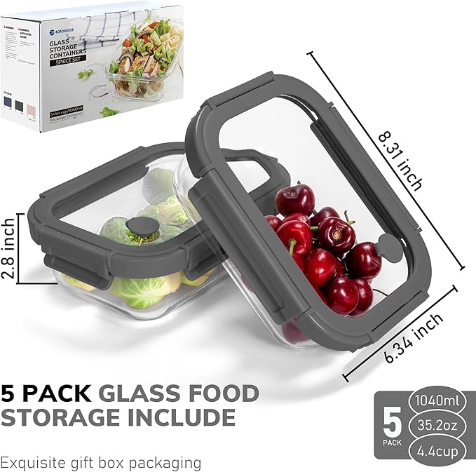 5-Pack Borosilicate Glass Containers with Tempered Glass Lids, 35.2oz/4.4 Cup Airtight Meal Prep Set, Microwave/Freezer Safe (Gray)