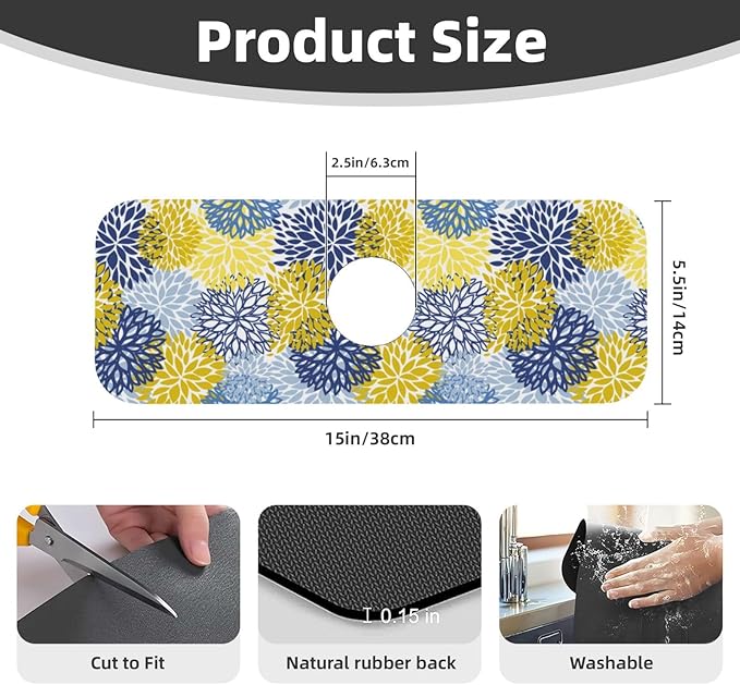 Dahlia Floral Colorful Flower Kitchen Sink Splash Guard Faucet Mat Super