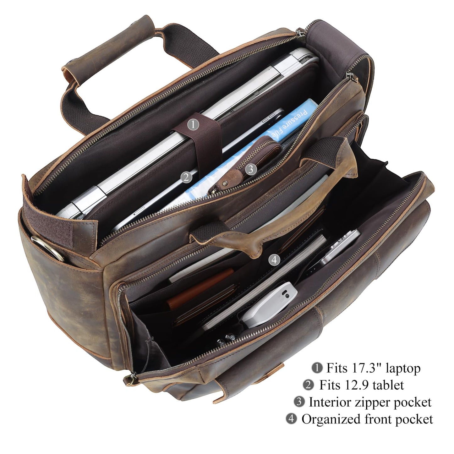 TIDING Full Grain Leather 17.3 Inch Laptop Briefcase for Men, Multi Pockets Work Bag Business Travel Messenger Shoulder Bag