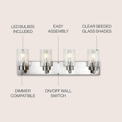 JONATHAN Y JYL7558A Irving 27.75" 4-Light Modern Contemporary LED Vanity Light Glam Transitional 2700K 9W Bulbs Included Bathroom Hallway Living Room Bedroom Mirror Cabinet, Nickel