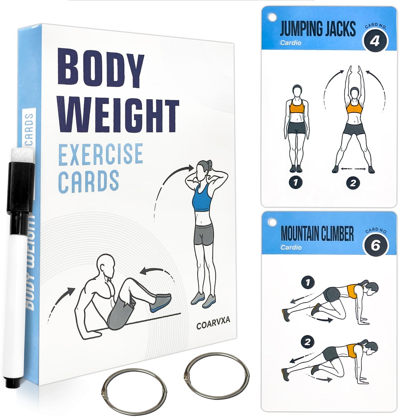 Bodyweight Workout Cards for Women & Men-50 Bodyweight Workout Cards，Includes 2 Rings& Dry-Erase for Easy Organization-Home, Gym or Studio (Bodyweight)