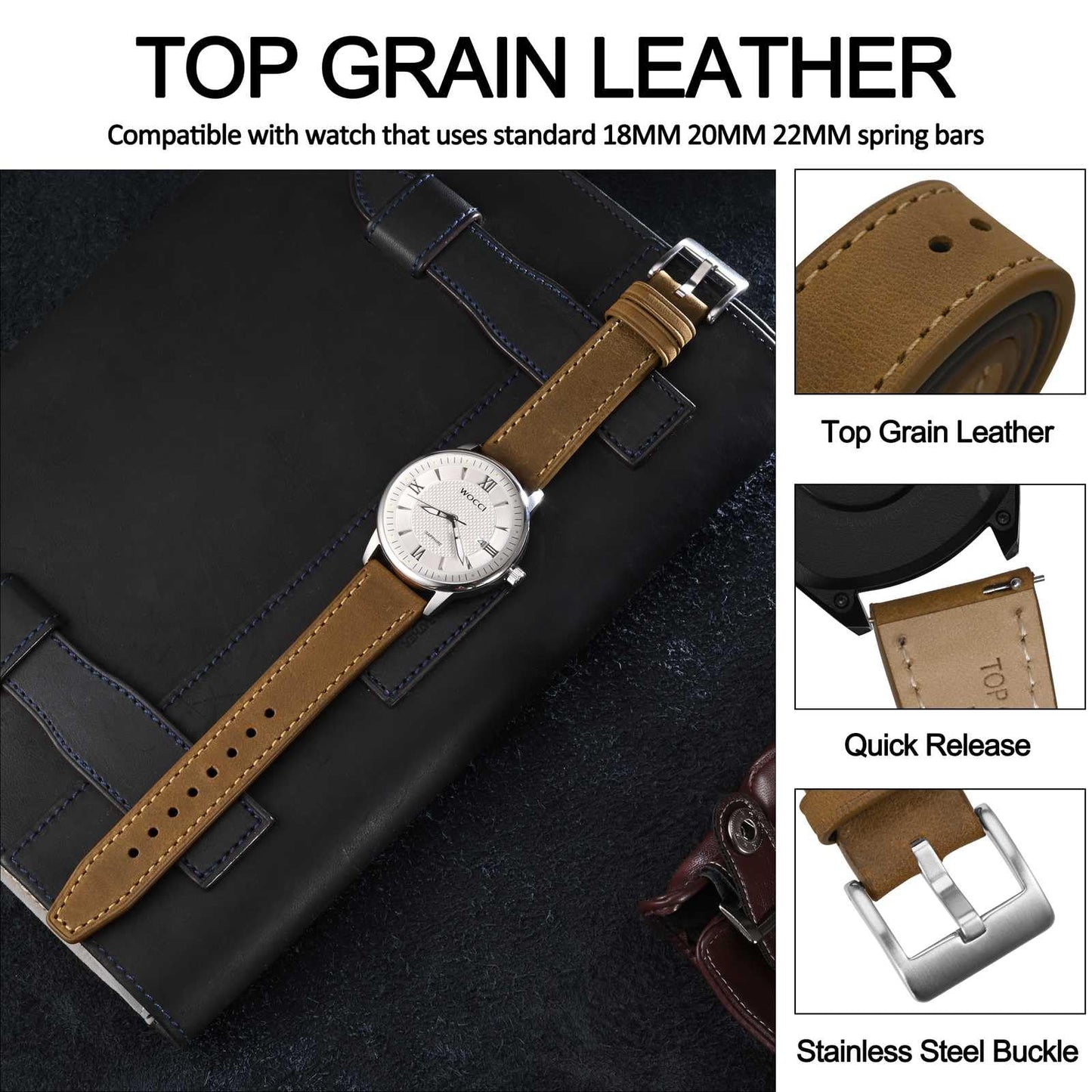 WOCCI 20mm Elite Watch Band, Top Grain Leather, Quick Release, Silver Buckle (Sand)